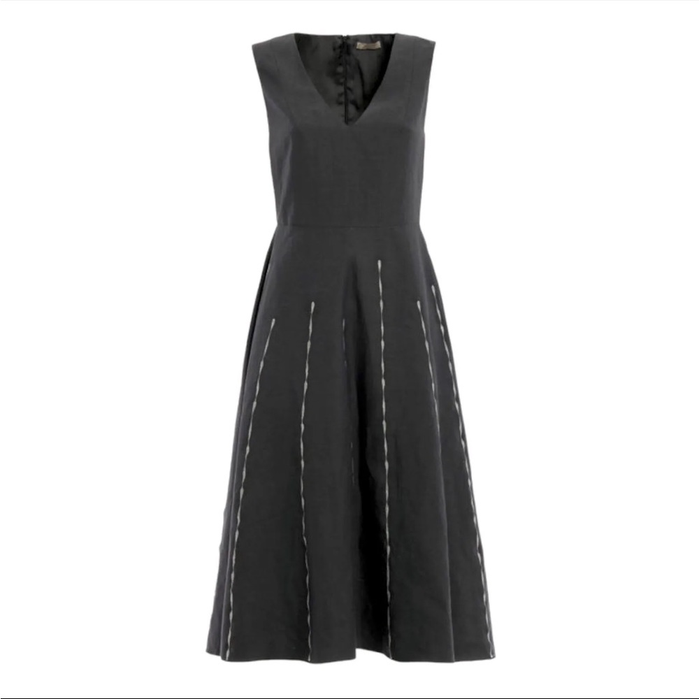 Bottega Veneta Grey Linen V Neck Sleeveless Embroidery Midi Pockets Dress IT42 - Picture 2 of 9